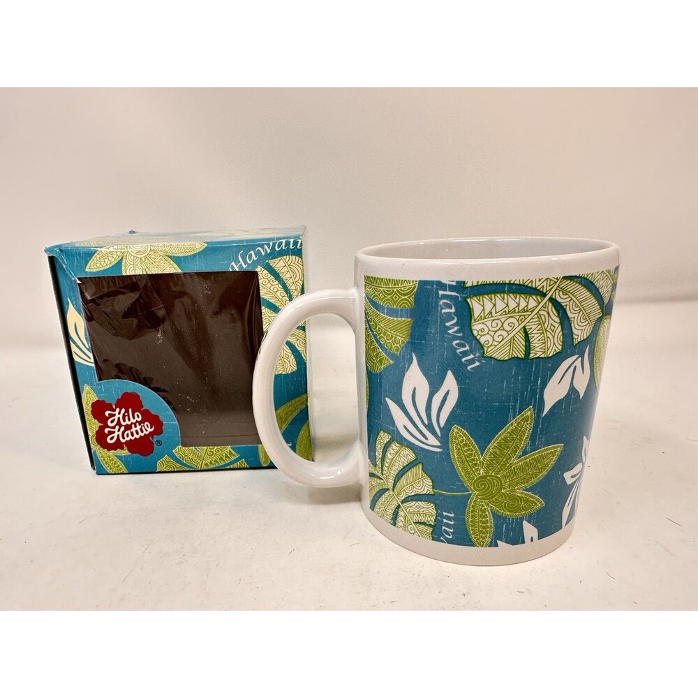 Hilo Hattie Hawaii Coffee Mug Teal Green Tropical Leaf Souvenir NIB Wear on Box